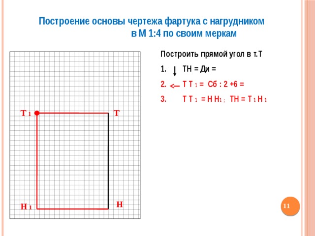 Построение основы чертежа фартука с нагрудником в М 1:4 по своим меркам Построить прямой угол в т.Т  1. ТН = Ди =  Т Т 1 = Сб : 2 +6 =  Т Т 1 = Н Н 1 ; ТН = Т 1 Н 1 Т Т 1 Н  Н 1 