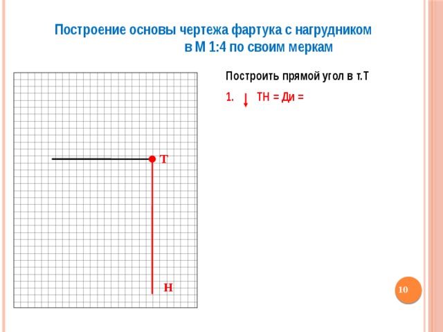 Построение основы чертежа фартука с нагрудником в М 1:4 по своим меркам Построить прямой угол в т.Т  1. ТН = Ди = Т Н  