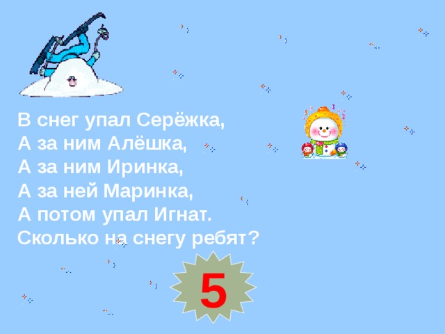 В снег упал Серёжка, А за ним Алёшка, А за ним Иринка, А за ней Маринка, А потом упал Игнат. Сколько на снегу ребят? 5 