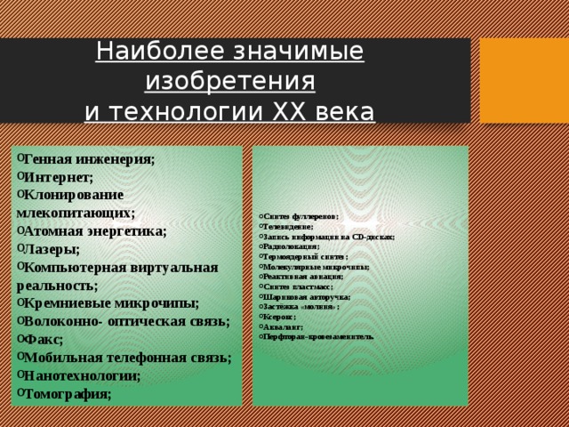 Наиболее значимые изобретения  и технологии XX века   Генная инженерия; Интернет; Клонирование млекопитающих; Атомная энергетика; Лазеры; Компьютерная виртуальная реальность; Кремниевые микрочипы; Волоконно- оптическая связь; Факс; Мобильная телефонная связь; Нанотехнологии; Томография; Синтез фуллеренов; Телевидение; Запись информации на CD-дисках; Радиолокация; Термоядерный синтез; Молекулярные микрочипы; Реактивная авиация; Синтез пластмасс; Шариковая авторучка; Застёжка «молния»; Ксерокс; Акваланг; Перфторан-кровезаменитель. 