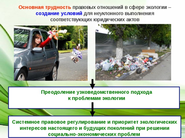 Основная трудность правовых отношений в сфере экологии – создание условий для неуклонного выполнения соответствующих юридических актов Преодоление узковедомственного подхода к проблемам экологии Системное правовое регулирование и приоритет экологических интересов настоящего и будущих поколений при решении социально-экономических проблем  