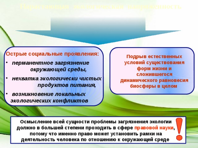 Нарастающая экологическая напряженность Острые социальные проявления:  перманентное загрязнение окружающей среды,  нехватка экологически чистых продуктов питания,  возникновение локальных экологических конфликтов  Подрыв естественных условий существования форм жизни и сложившегося динамического равновесия биосферы в целом Осмысление всей сущности проблемы загрязнения экологии должно в большей степени проходить в сфере правовой науки , потому что именно право может установить рамки на деятельность человека по отношению к окружающей среде 