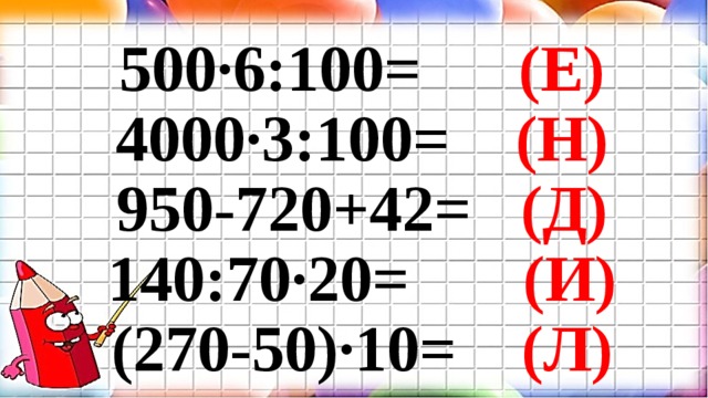 500∙6:100= (Е) 4000∙3:100= (Н) 950-720+42= (Д) 140:70∙20= (И) (270-50)∙10= (Л) 