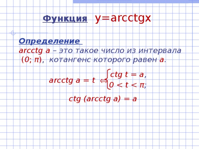 Функция  y=arcctgx  Определение ar с ctg а –  это такое число из интервала  ( 0 ; π ) ,   котангенс которого равен а .   arc с tg а = t     с tg (arc с tg a) = a  с tg t = а , 0  π ; 