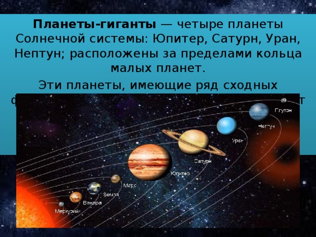 Планеты-гиганты  — четыре планеты Солнечной системы: Юпитер, Сатурн, Уран, Нептун; расположены за пределами кольца малых планет. Эти планеты, имеющие ряд сходных физических характеристик, также называют внешними планетами. 