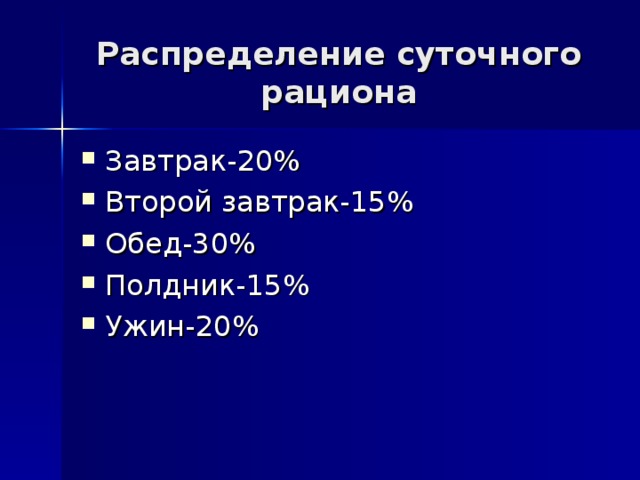 Распределение суточного рациона Завтрак-20% Второй завтрак-15% Обед-30% Полдник-15% Ужин-20% 