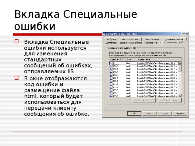 Вкладка Специальные ошибки Вкладка Специальные ошибки используется для изменения стандартных сообщений об ошибках, отправляемых IIS. В окне отображаются код ошибки и размещение файла html, который будет использоваться для передачи клиенту сообщения об ошибке. 