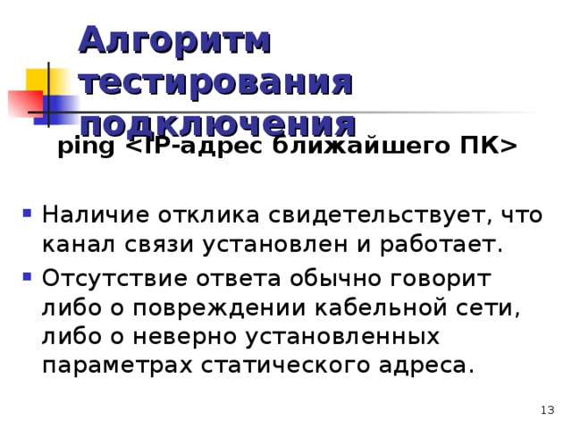 Алгоритм тестирования подключения ping   Наличие отклика свидетельствует, что канал связи установлен и работает. Отсутствие ответа обычно говорит либо о повреждении кабельной сети, либо о неверно установленных параметрах статического адреса.  