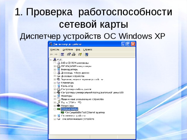 1. Проверка  работоспособности сетевой карты Диспетчер устройств ОС Windows XP  