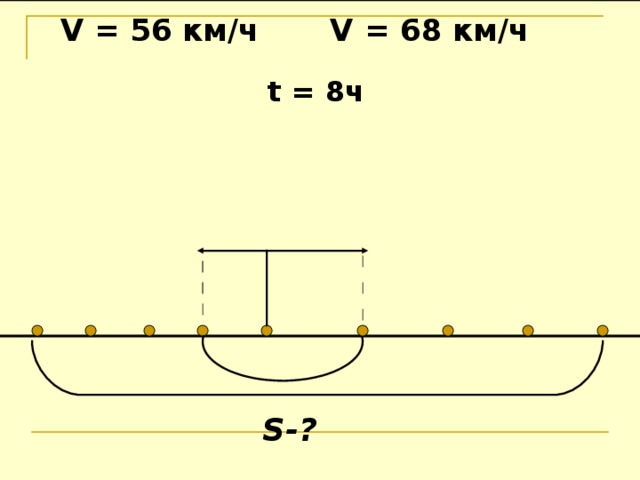  V = 56 км/ч  V = 6 8 км/ч t = 8 ч S-? 