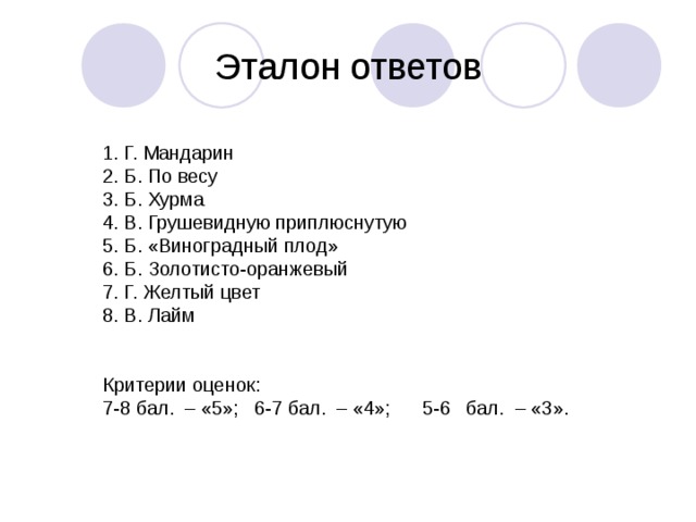 Эталон ответов   1. Г. Мандарин 2. Б. По весу 3. Б. Хурма 4. В. Грушевидную приплюснутую 5. Б. «Виноградный плод» 6. Б. Золотисто-оранжевый 7. Г. Желтый цвет 8. В. Лайм Критерии оценок: 7-8 бал. – «5»; 6-7 бал. – «4»; 5-6 бал. – «3». 