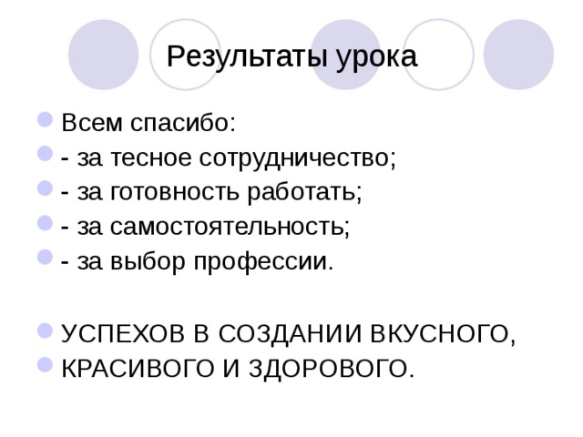 Результаты урока Всем спасибо: - за тесное сотрудничество; - за готовность работать; - за самостоятельность; - за выбор профессии.  УСПЕХОВ В СОЗДАНИИ ВКУСНОГО, КРАСИВОГО И ЗДОРОВОГО.  