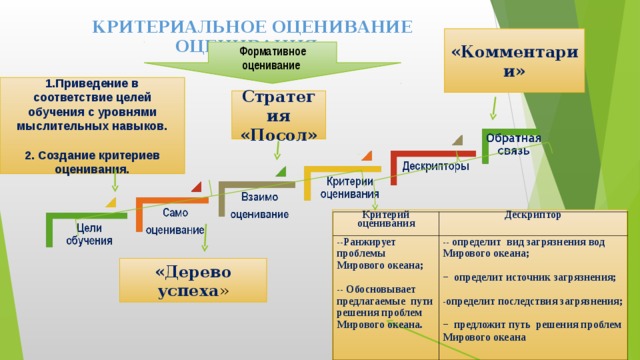  КРИТЕРИАЛЬНОЕ ОЦЕНИВАНИЕ ОЦЕНИВАНИЯ «Комментарии» Формативное оценивание 1.Приведение в соответствие целей обучения с уровнями мыслительных навыков.  2. Создание критериев оценивания. Стратегия «Посол» Критерий оценивания --Ранжирует проблемы Мирового океана;  -- Обосновывает предлагаемые пути решения проблем Мирового океана. Дескриптор -- определит вид загрязнения вод Мирового океана;  − определит источник загрязнения;  -определит последствия загрязнения;  − предложит путь решения проблем Мирового океана   Вставить стандарт, учебную программу и учебный план «Дерево успеха »   