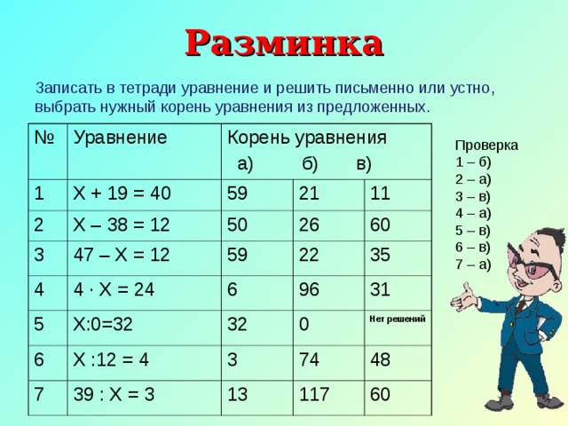 Разминка Записать в тетради уравнение и решить письменно или устно, выбрать нужный корень уравнения из предложенных. № Уравнение 1 Корень уравнения  а) б) в) Х + 19 = 40 2 Х – 38 = 12 3 59 50 47 – Х = 12 4 21 26 4 · Х = 24 59 11 5 60 6 22 6 Х:0=32 Х :12 = 4 96 7 32 35 0 3 39 : Х = 3 31 74 Нет решений 13 48 117 60 Проверка 1 – б) 2 – а) 3 – в) 4 – а) 5 – в) 6 – в) 7 – а)