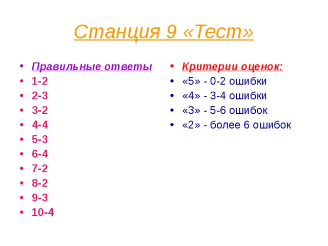 Станция 9 «Тест» Правильные ответы Критерии оценок: 1-2 2-3 3-2 4-4 5-3 6-4 7-2 8-2 9-3 10-4 «5» - 0-2 ошибки «4» - 3-4 ошибки «3» - 5-6 ошибок «2» - более 6 ошибок 
