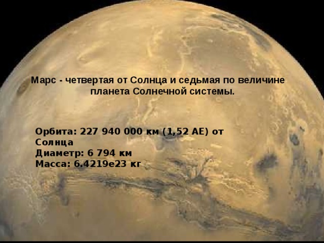 Марс - четвертая от Солнца и седьмая по величине планета Солнечной системы. Орбита: 227 940 000 км (1,52 АЕ) от Солнца  Диаметр: 6 794 км  Масса: 6.4219е23 кг  