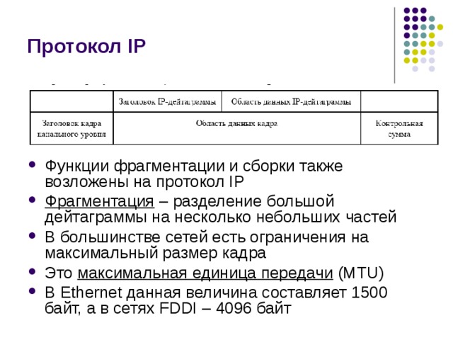 Протокол IP Функции фрагментации и сборки также возложены на протокол IP Фрагментация – разделение большой дейтаграммы на несколько небольших  частей В большинстве сетей есть ограничения на максимальный размер кадра Это максимальная единица передачи (MTU) В Ethernet данная величина составляет 1500 байт, а в сетях FDDI – 4096 байт 