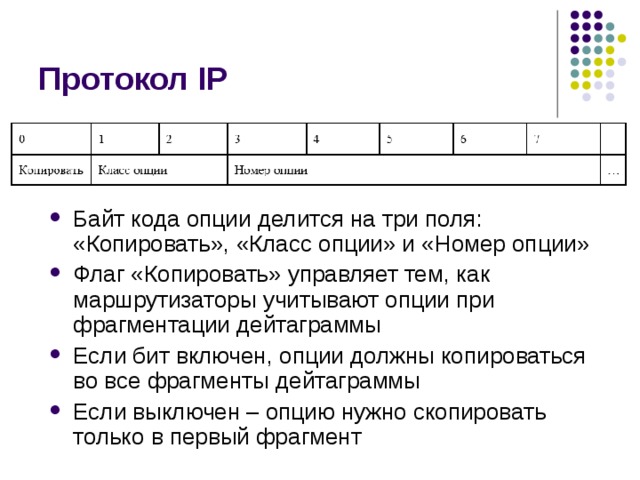 Протокол IP Байт кода опции делится на три поля: «Копировать», «Класс опции» и «Номер опции» Флаг «Копировать» управляет тем, как маршрутизаторы учитывают опции при фрагментации дейтаграммы Если бит включен, опции должны копироваться во все фрагменты дейтаграммы Если выключен – опцию нужно скопировать только в первый фрагмент 