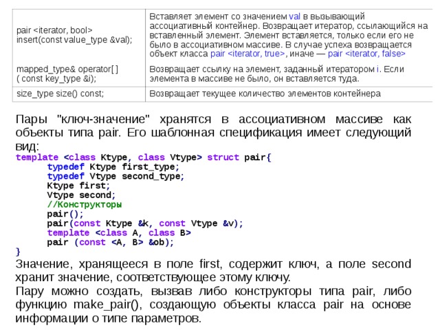 pair  insert(const value_type &val); Вставляет элемент со значением val в вызывающий ассоциативный контейнер. Возвращает итератор, ссылающийся на вставленный элемент. Элемент вставляется, только если его не было в ассоциативном массиве. В случае успеха возвращается объект класса pair  , иначе — pair  mapped_type& operator[ ] ( const key_type &i); Возвращает ссылку на элемент, заданный итератором i . Если элемента в массиве не было, он вставляется туда. size_type size() const; Возвращает текущее количество элементов контейнера Пары 