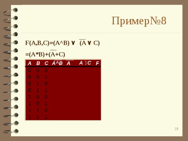 Пример№8 F(A,B,C)=(A^B) ۷  (A ۷  C) =(A*B)+(A+C) ۷ C 17 
