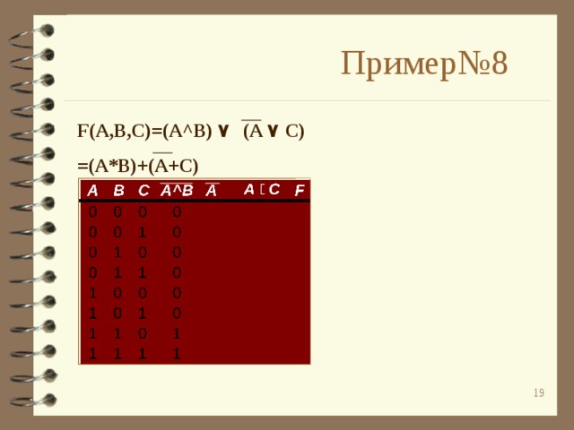 Пример№8 F(A,B,C)=(A^B) ۷  (A ۷  C) =(A*B)+(A+C) ۷ C  