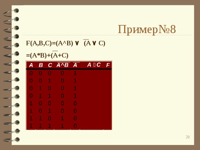 Пример№8 F(A,B,C)=(A^B) ۷  (A ۷  C) =(A*B)+(A+C) ۷ C  