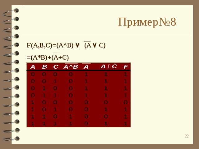 Пример№8 F(A,B,C)=(A^B) ۷  (A ۷  C) =(A*B)+(A+C) ۷ C  