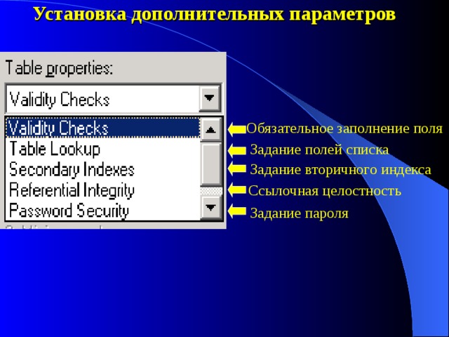 Установка дополнительных параметров Обязательное заполнение поля Задание полей списка Задание вторичного индекса Ссылочная целостность Задание пароля 