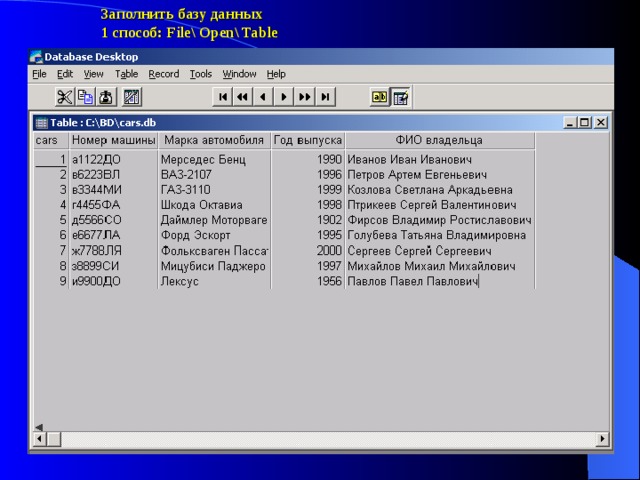 Заполнить базу данных 1 способ: File\ Open\ Table 