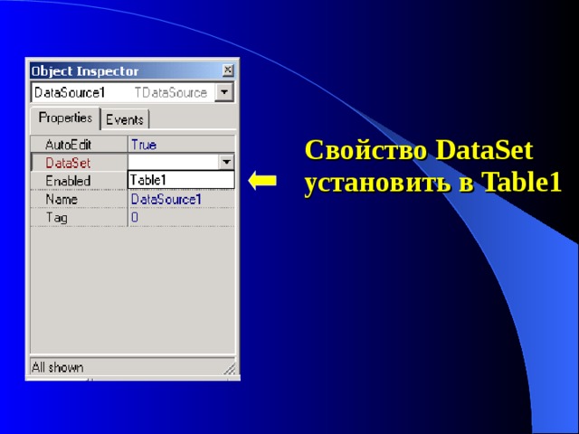 Свойство DataSet установить в Table1 