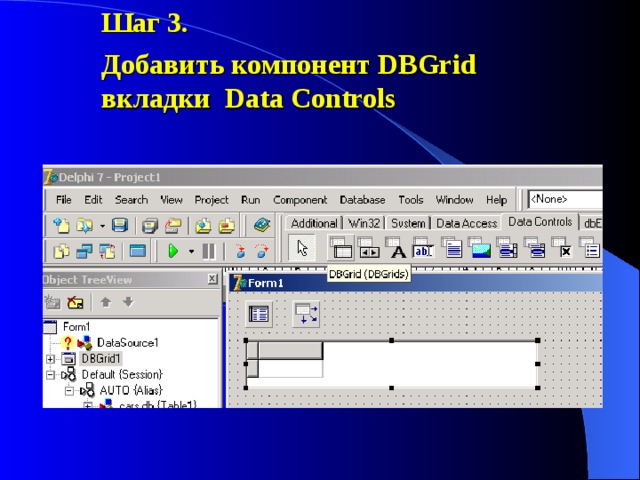 Шаг 3. Добавить компонент DBGrid вкладки Data Controls 
