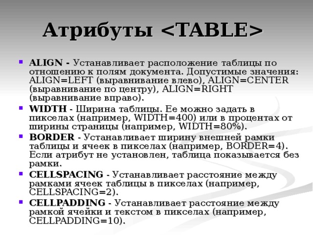 ALIGN - Устанавливает расположение таблицы по отношению к полям документа. Допустимые значения: ALIGN=LEFT (выравнивание влево), ALIGN=CENTER (выравнивание по центру), ALIGN=RIGHT (выравнивание вправо). WIDTH - Ширина таблицы. Ее можно задать в пикселах (например, WIDTH=400) или в процентах от ширины страницы (например, WIDTH=80%). BORDER - Устанавливает ширину внешней рамки таблицы и ячеек в пикселах (например, BORDER=4). Если атрибут не установлен, таблица показывается без рамки. CELLSPACING - Устанавливает расстояние между рамками ячеек таблицы в пикселах (например, CELLSPACING=2). CELLPADDING - Устанавливает расстояние между рамкой ячейки и текстом в пикселах (например, CELLPADDING=10). 