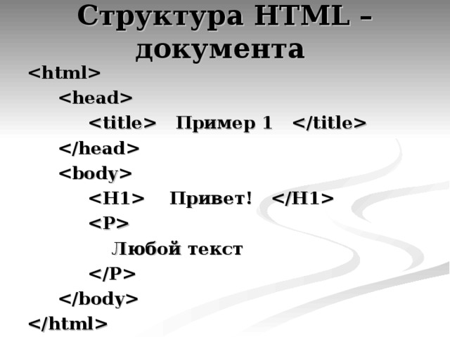 Структура HTML – документа      Пример 1        Привет!     Любой текст      