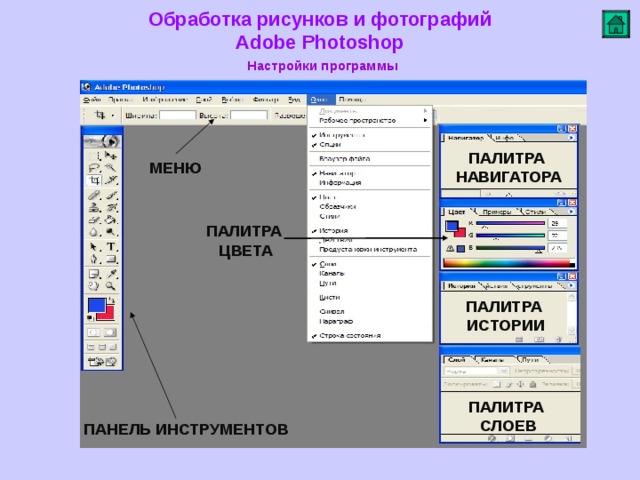 Обработка рисунков и фотографий  Adobe Photoshop Настройки программы   ПАЛИТРА НАВИГАТОРА МЕНЮ     ПАЛИТРА ЦВЕТА ПАЛИТРА ИСТОРИИ   ПАЛИТРА СЛОЕВ ПАНЕЛЬ ИНСТРУМЕНТОВ  