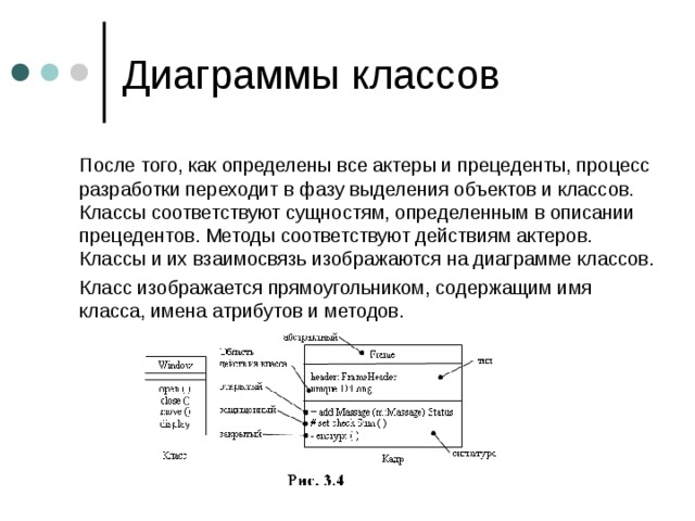  После того, как определены все актеры и прецеденты, процесс разработки переходит в фазу выделения объектов и классов. Классы соответствуют сущностям, определенным в описании прецедентов. Методы соответствуют действиям актеров. Классы и их взаимосвязь изображаются на диаграмме классов.  Класс изображается прямоугольником, содержащим имя класса, имена атрибутов и методов. 