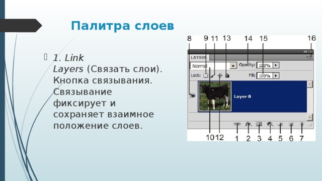 Палитра слоев 1. Link Layers  (Связать слои). Кнопка связывания. Связывание фиксирует и сохраняет взаимное положение слоев. 