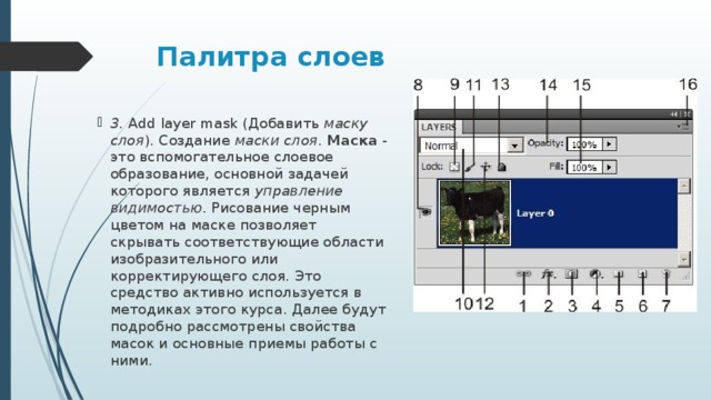 Палитра слоев 3. Add layer mask (Добавить  маску слоя ). Создание  маски слоя .  Маска  -это вспомогательное слоевое образование, основной задачей которого является  управление видимостью . Рисование черным цветом на маске позволяет скрывать соответствующие области изобразительного или корректирующего слоя. Это средство активно используется в методиках этого курса. Далее будут подробно рассмотрены свойства масок и основные приемы работы с ними. 