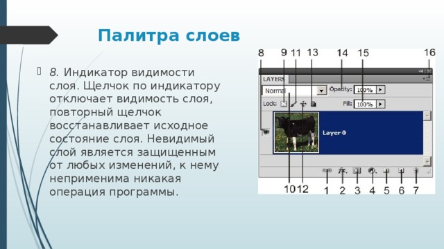 Палитра слоев 8. Индикатор видимости слоя. Щелчок по индикатору отключает видимость слоя, повторный щелчок восстанавливает исходное состояние слоя. Невидимый слой является защищенным от любых изменений, к нему неприменима никакая операция программы. 