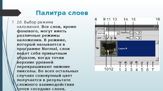 Палитра слоев 10. Выбор режима наложения.  Все слои, кроме фонового, могут иметь различные режимы наложения. В режиме, который называется в программе Normal, слои ведет себя привычным образом, когда точки верхних уровней перекрашивают нижние пикселы. Во всех остальных случаях совокупный цвет получается в результате сложного взаимодействия точек соседних слоев. 