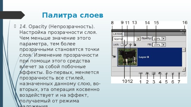 Палитра слоев 14. Opacity (Непрозрачность). Настройка прозрачности слоя. Чем меньше значение этого параметра, тем более прозрачными становятся точки слоя. Изменение прозрачности при помощи этого средства влечет за собой побочные эффекты. Во-первых, меняется прозрачность все стилей, назначенных данному слою, во-вторых, эта операция косвенно воздействует и на эффект, получаемый от режима наложения. 