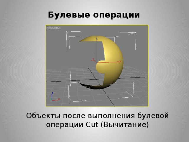 Булевые операции Объекты после выполнения булевой операции Cut (Вычитание) 