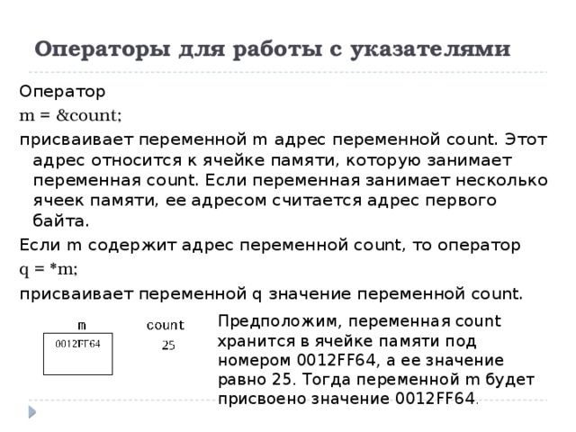 Операторы для работы с указателями Оператор m = &count; присваивает переменной m адрес переменной count. Этот адрес относится к ячейке памяти, которую занимает переменная count. Если переменная занимает несколько ячеек памяти, ее адресом считается адрес первого байта. Если m содержит адрес переменной count, то оператор q = *m; присваивает переменной q значение переменной count. Предположим, переменная count хранится в ячейке памяти под номером 0012FF64, а ее значение равно 25. Тогда переменной m будет присвоено значение 0012FF64 . 