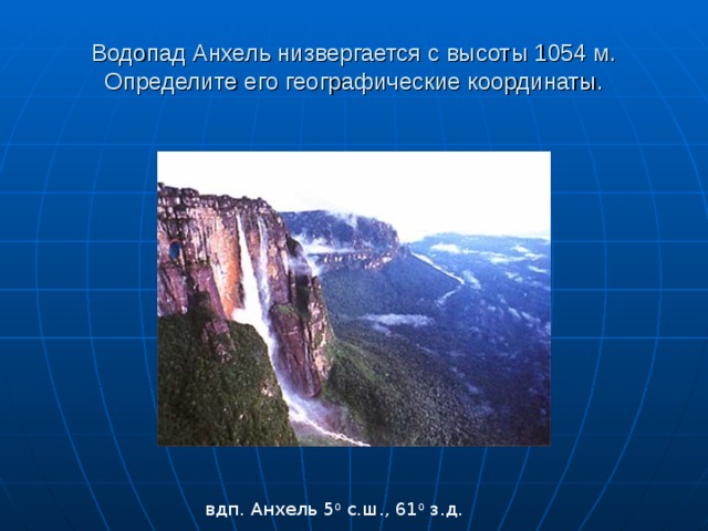 Водопад Анхель низвергается с высоты 1054 м.  Определите его географические координаты. вдп. Анхель 5 0 с.ш., 61 0 з.д. 