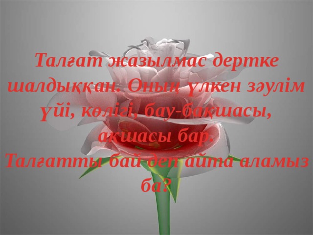 Талғат жазылмас дертке шалдыққан. Оның үлкен зәулім үйі, көлігі, бау-бақшасы, ақшасы бар. Талғатты бай деп айта аламыз ба? 