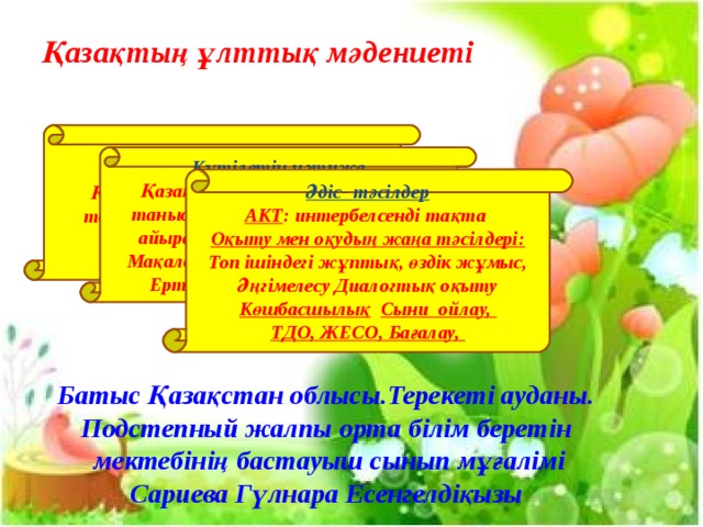 Қазақтың ұлттық мәдениеті Мақсаты Қазақ халқының мәдениетіне тоқталу және жыршы, жырау туралы түсінік беру Күтілетін нәтиже Қазақ халқының мәдениетімен танысады жыршы мен жырауды айыра біледі, Салыстыра алады Мақалдардың мағынасын таниды, Ертегіден үзінді айта алады Әдіс- тәсілдер АКТ : интербелсенді тақта Оқыту мен оқудың жаңа тәсілдері: Топ ішіндегі жұптық, өздік жұмыс, Әңгімелесу Диалогтық оқыту Көшбасшылық  Сыни ойлау, ТДО, ЖЕСО, Бағалау, Б атыс Қазақстан облысы.Терекеті ауданы. Подстепный жалпы орта білім беретін  мектебінің бастауыш сынып мұғалімі Сариева Гүлнара Есенгелдіқызы 