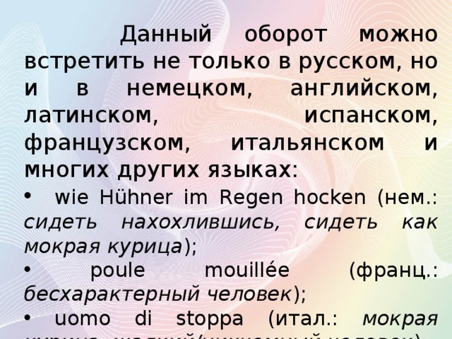  Данный оборот можно встретить не только в русском, но и в немецком, английском, латинском, испанском, французском, итальянском и многих других языках:  wie Hühner im Regen hocken (нем.: сидеть нахохлившись, сидеть как мокрая курица );  poule mouillée (франц.: бесхарактерный человек );  uomo di stoppa (итал.: мокрая курица, жалкий/никчемный человек ). 