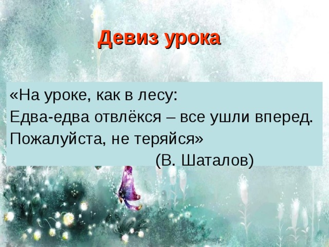 Девиз урока «На уроке, как в лесу: Едва-едва отвлёкся – все ушли вперед. Пожалуйста, не теряйся» (В. Шаталов)
