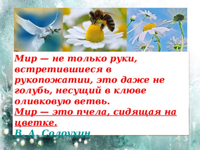 Мир — не только руки, встретившиеся в рукопожатии, это даже не голубь, несущий в клюве оливковую ветвь. Мир — это пчела, сидящая на цветке. В. А. Солоухин
