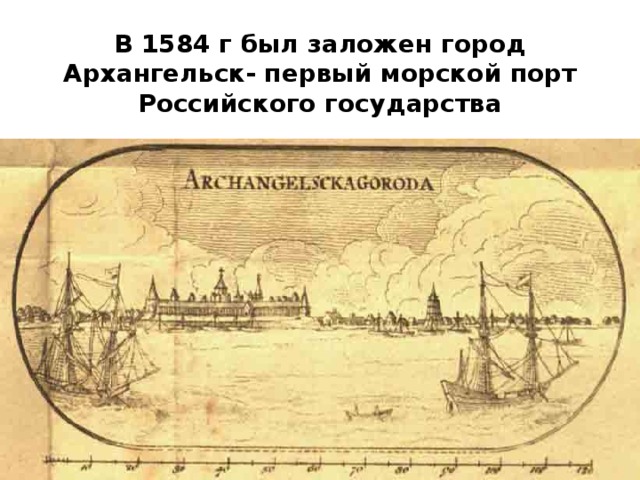 В 1584 г был заложен город Архангельск- первый морской порт Российского государства 