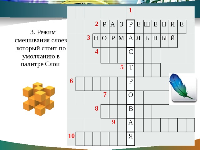 2 3 6 4 1 10 5 7 8   9   Р А С Т Р О В А Я Р А З Е Ш Е Н И Е 3. Режим смешивания слоев который стоит по умолчанию в палитре Слои Н О Р М Л Ь Н Ы Й 